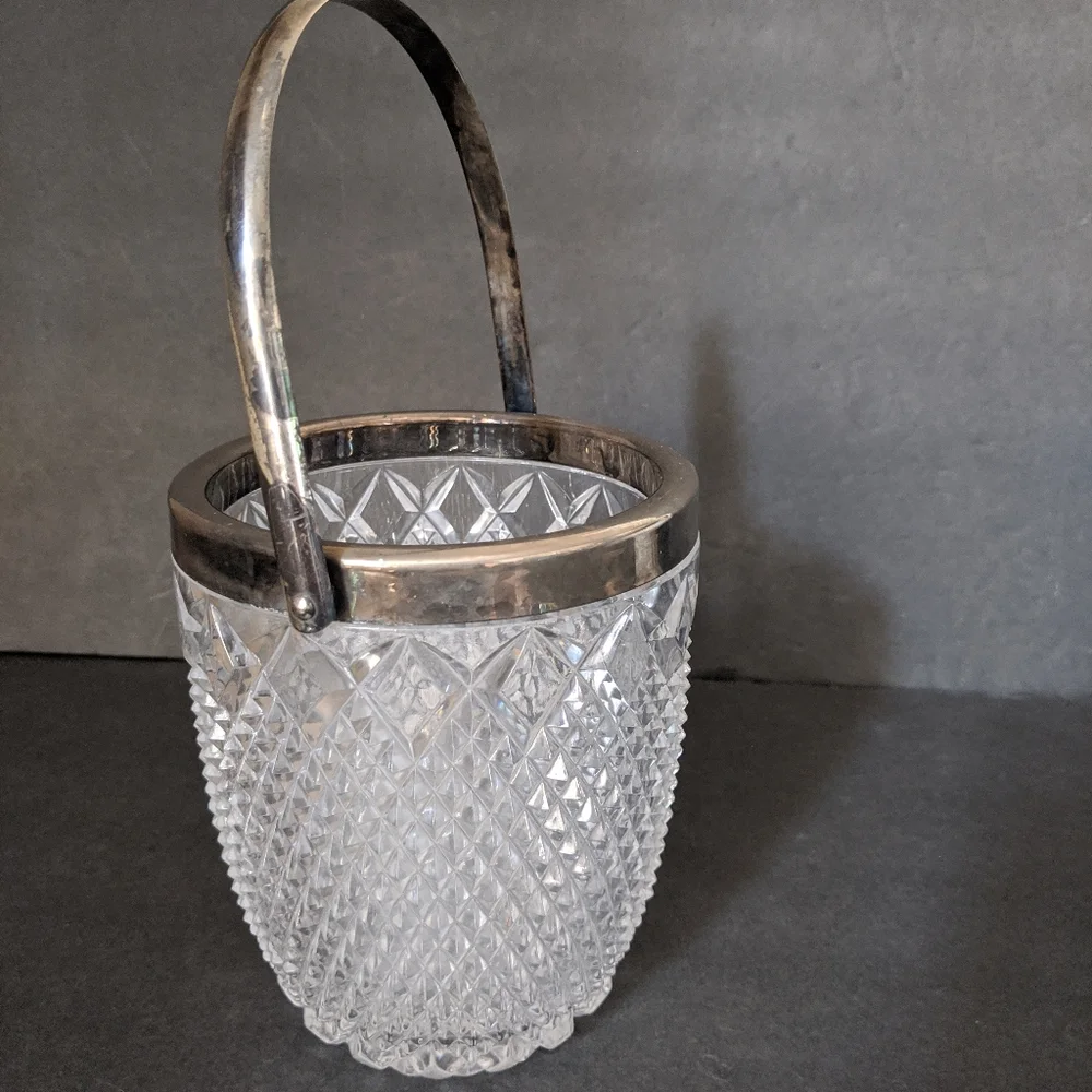 Vintage Cut Glass Diamond Point Crystal Ice Bucket Silver Plate Rim Handle